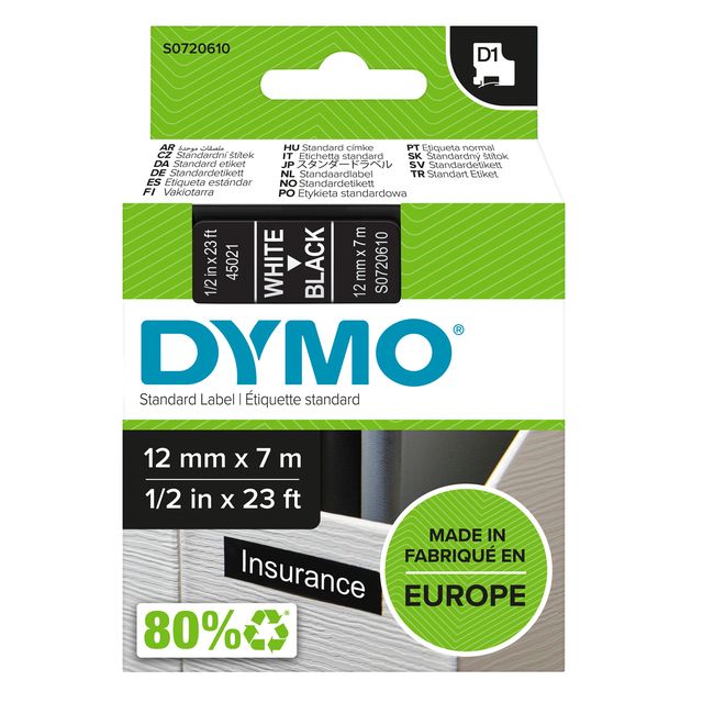 Nastro D1 standard 450210 - 12 mm x 7 mt - PL - bianco/nero - Dymo