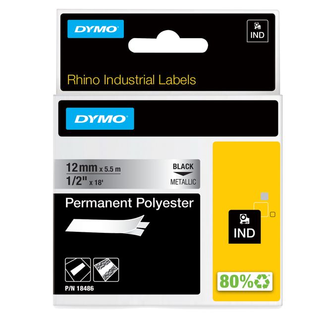 Nastro Rhino 18486 - 12 mm x 5,5 mt - poliestere - permanente - nero/metallo - …