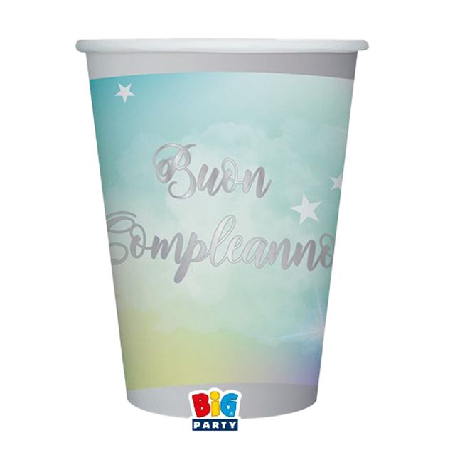 Bicchiere Soft Rainbow - Buon Compleanno - 200 ml - carta - Big Party - conf. 8…