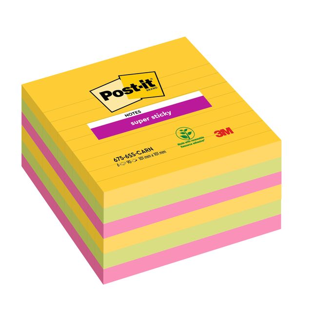 Blocco Post-it Super Sticky - 675-6SS-CARN - a righe - 101 x 101 mm - colori Ca…