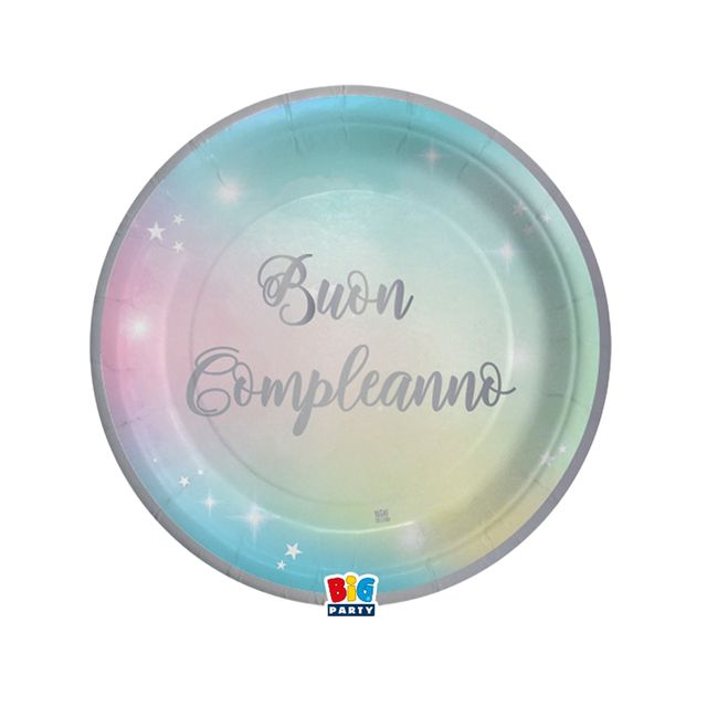 Piatto Soft Rainbow - Buon Compleanno - diametro 18 cm - carta - Big Party - co…
