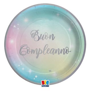 Piatto Soft Rainbow - Buon Compleanno - diametro 24 cm - carta - Big Party - co…