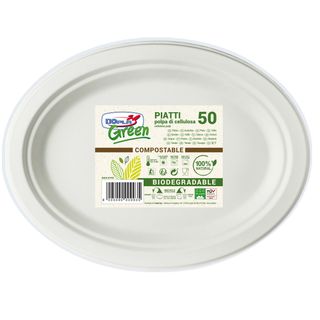 Piatto piano monouso - ovale - 26 x 19,5 cm - cellulosa - bianco - Dopla Green …