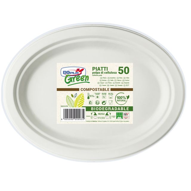Piatto piano monouso - ovale - 26 x 19,5 cm - cellulosa - bianco - Dopla Green …