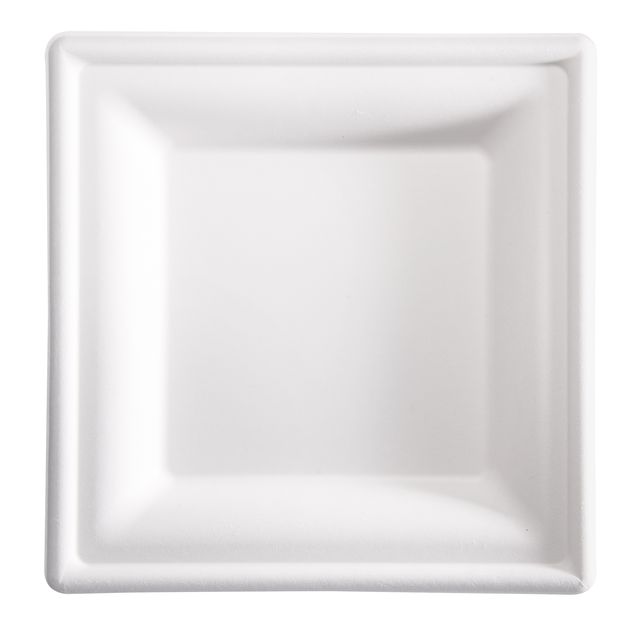 Piatto piano monouso - quadrato - 20 x 20 cm - canna da zucchero - bianco - Sig…