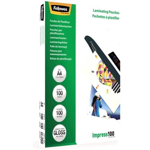 Pouches Impress100 - A4 - 216x303 mm - 2x100 micron - Fellowes - scatola 100 pe…