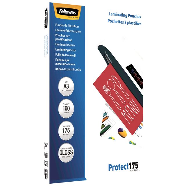 Pouches Protect175 - A3 - 303x426 mm - 2x175 micron - Fellowes - scatola 100 pe…