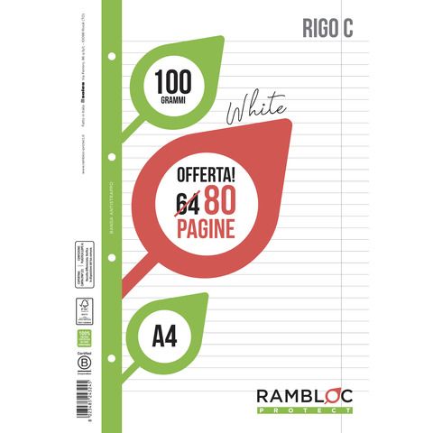 RAMBLOC Protect - Pagine sfuse - A4 - 80 fogli / 160 pagine - bianco - Rigo C -…