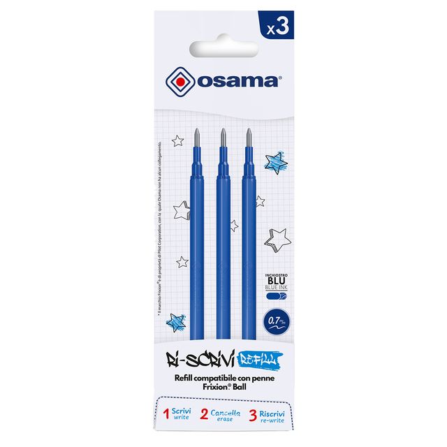 Refill per penne gel cancellabili - punta 0,7 mm - blu - Osama - conf. 3 pezzi