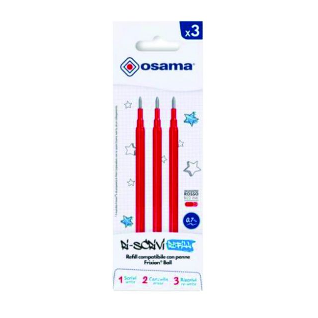 Refill per penne gel cancellabili - punta 0,7 mm - rosso - Osama - conf. 3 pezzi