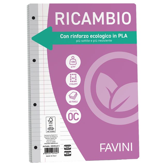 Ricambi forati riforzati ecologico - A4 - 1 rigo c/margine - 100 gr - Favini - …