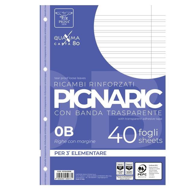 Ricambi forati rinforzati Pignaric - A4 - rigo di 3a - 80gr - Pigna - conf. 40 …