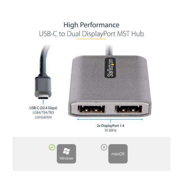 StarTech.com 2-Port USB-C MST Hub, USB Type-C to 2x DisplayPort Multi-Monitor A…