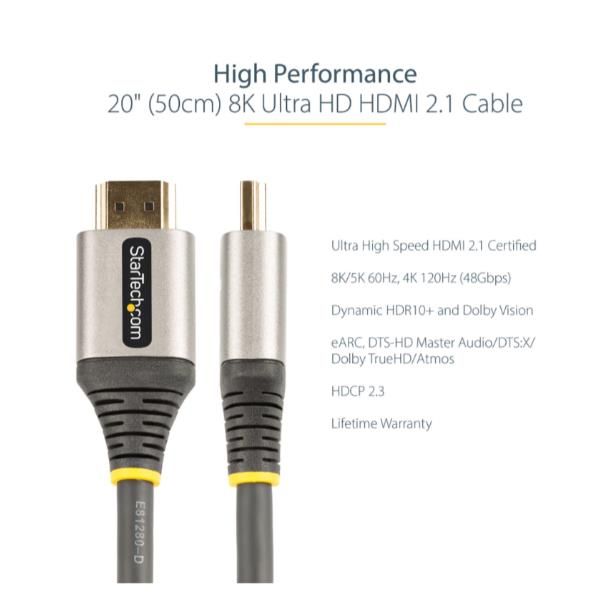StarTech.com 20in (50cm) HDMI 2.1 Cable 8K - Certified Ultra High Speed HDMI Ca…