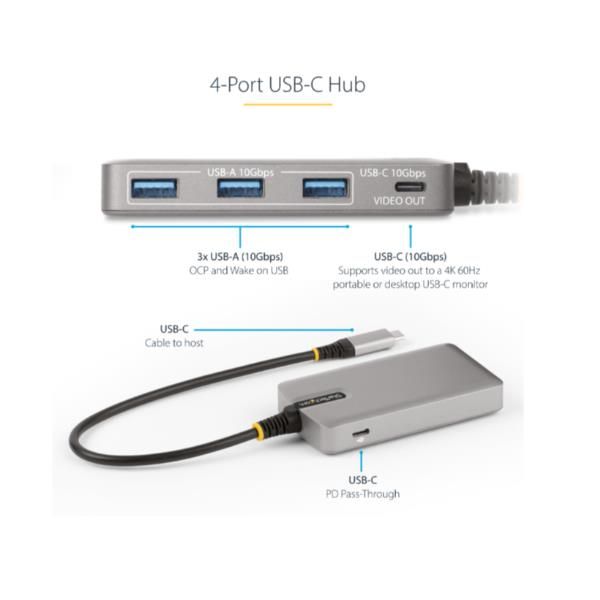 StarTech.com 4-Port USB-C Hub with USB-C DP Alt Mode Video Output 4K 60Hz, 3x U…