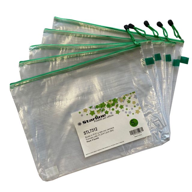 Busta a rete con cerniera verde - PVC - 31,2 x 41,2 cm - trasparente - Starline