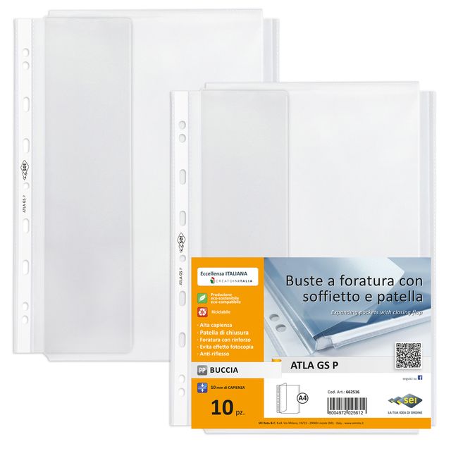 Buste forate ATLA GS P - 21 x 29,7 cm - PP - c/soffietto e patella - trasparent…