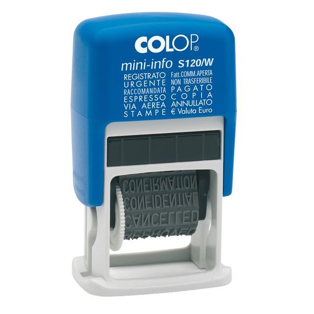 Timbro Mini Info S120/W Polinomio - 12 diciture 4 mm - autoinchiostrante - Colop