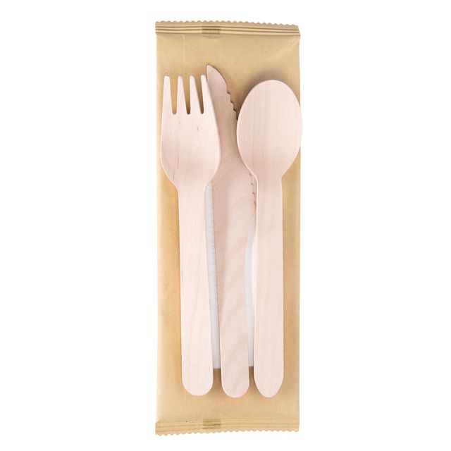 Tris posate monouso - con tovagliolo - 16 cm - legno - Signor Bio - conf. 100 p…