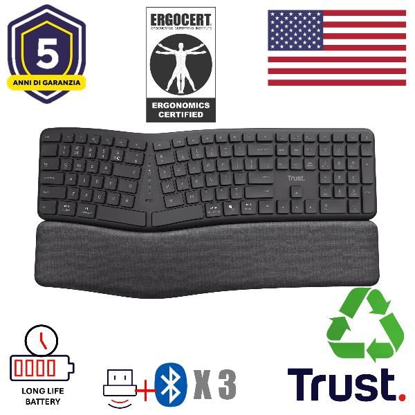 Trust Keyra Tastiera wireless multi-dispositivo ergonomica, Full-size (100%), W…