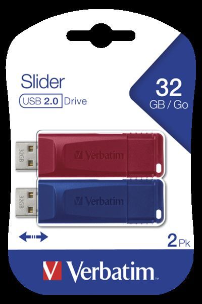 Verbatim Slider - Chiavetta USB - 32 GB - USB 2.0 - blu, rosso (pacchetto di 2)