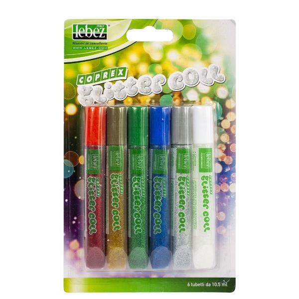 busta 6 tubi colla glitter assortito 10,5ml lavabile non-tossica lebez