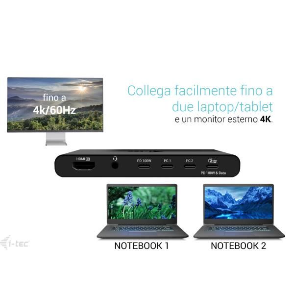 i-tec KVM Docking Station HDMI for 2 hosts, Power Delivery 2x 100W, Cablato, US…