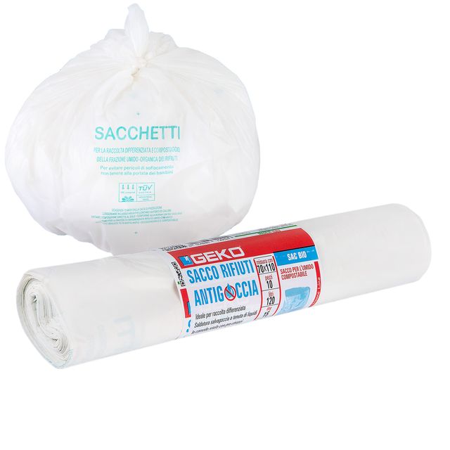10 Sacchi rifiuti organici Sac Bio 70x110cm 120L 15my bianco Geko