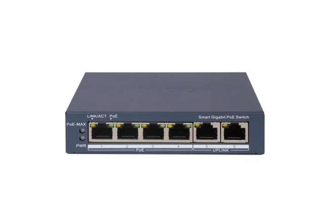 HIKVISION SWITCH L2, SMART MANAGED, 4 GIGABIT RJ45 POE PORTS, 2 GIGABIT RJ45 PO…