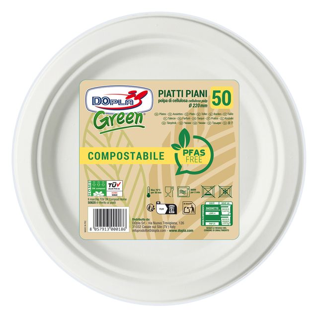 Piatti piani in polpa Dopla Green Pfas Free bianco - Ø 220 mm - conf. 50 pz - 0…