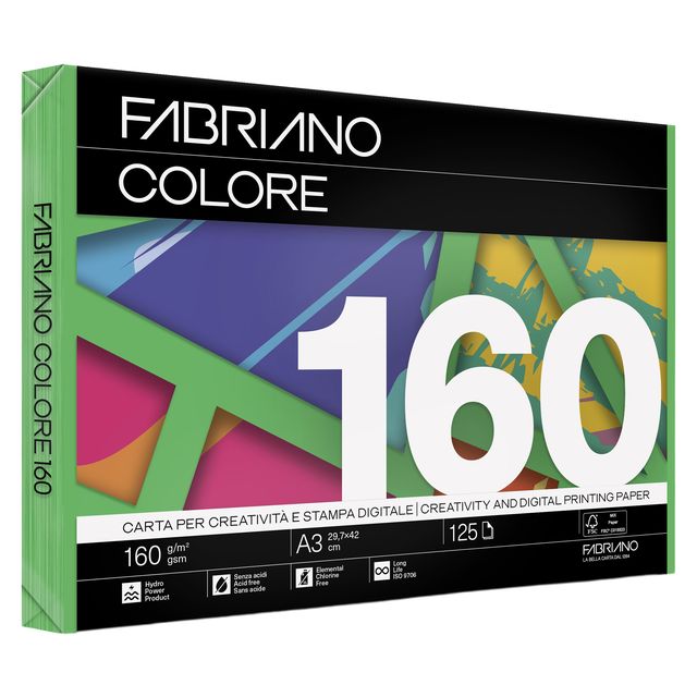 Carta Fabriano Colore - A3 - 160 gr - colori forti verde - Fabriano - conf. 125…