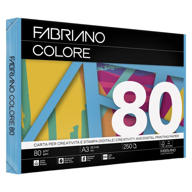 Carta Fabriano Colore - A3 - 80 gr - colori forti azzurro - Fabriano - conf. 25…