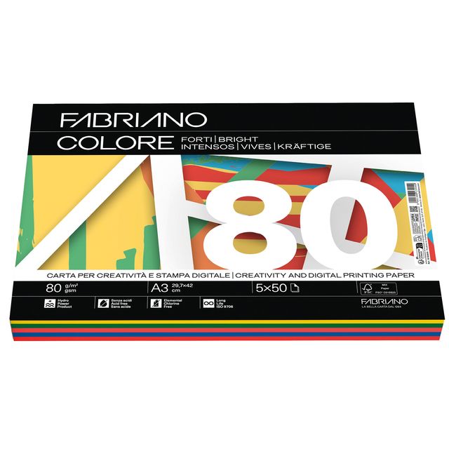 Carta Fabriano Colore - A3 - 80 gr - mix 5 colori forti - Fabriano - conf. 250 …