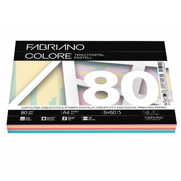 Carta Fabriano Colore - A4 - 80 gr - mix 5 colori tenui - Fabriano - conf. 250 …