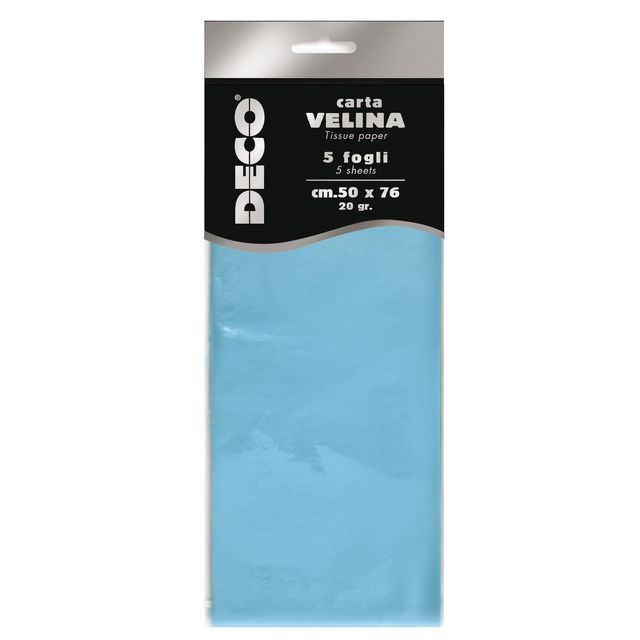 Carta velina - 50 x 76 cm - 20 gr - azzurro - Deco - busta 5 fogli