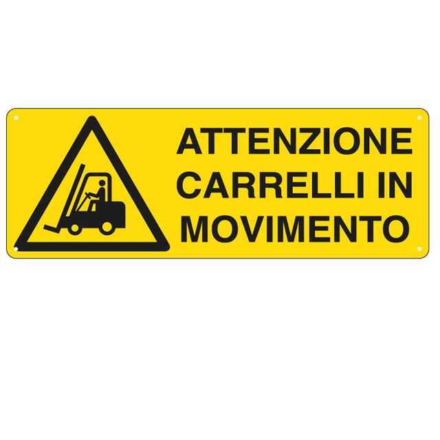 Cartello segnalatore - 35x12,5 cm - ATTENZIONE CARRELLI IN MOVIMENTO - allumini…