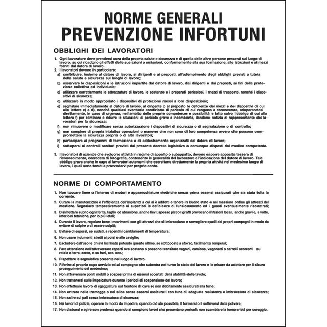 Cartello segnalatore - 50x67 cm - NORME GENERALI PREVENZIONE INFORTUNI - polion…