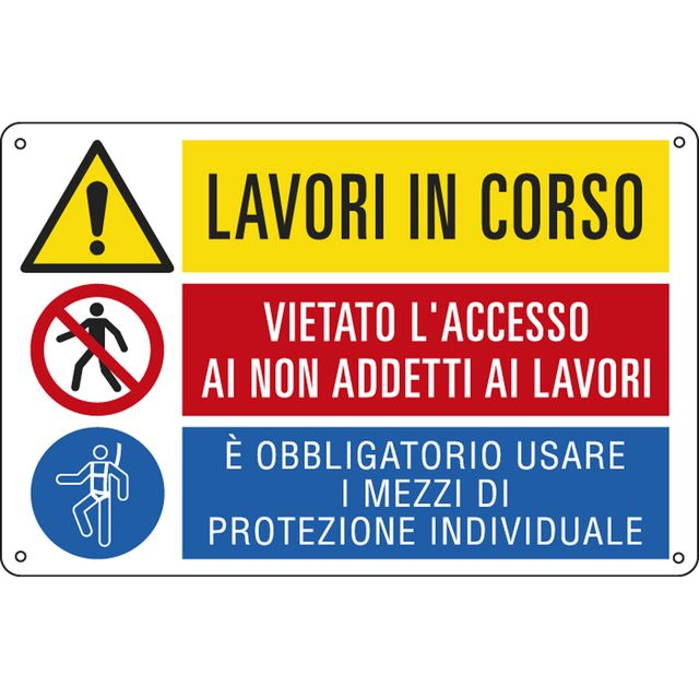 Cartello segnalatore multisimbolo - 50x33,3 cm - LAVORI IN CORSO/VIETATO L'ACCE…
